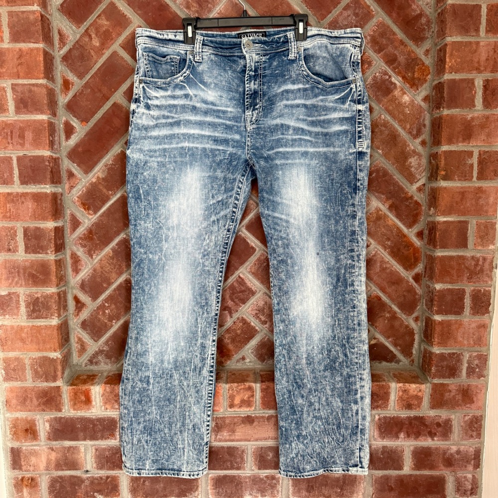 Salvage Anarchy Straight Relaxed Fit Jeans Mens‎ 42 Blue Acid Wash Buckle Denim